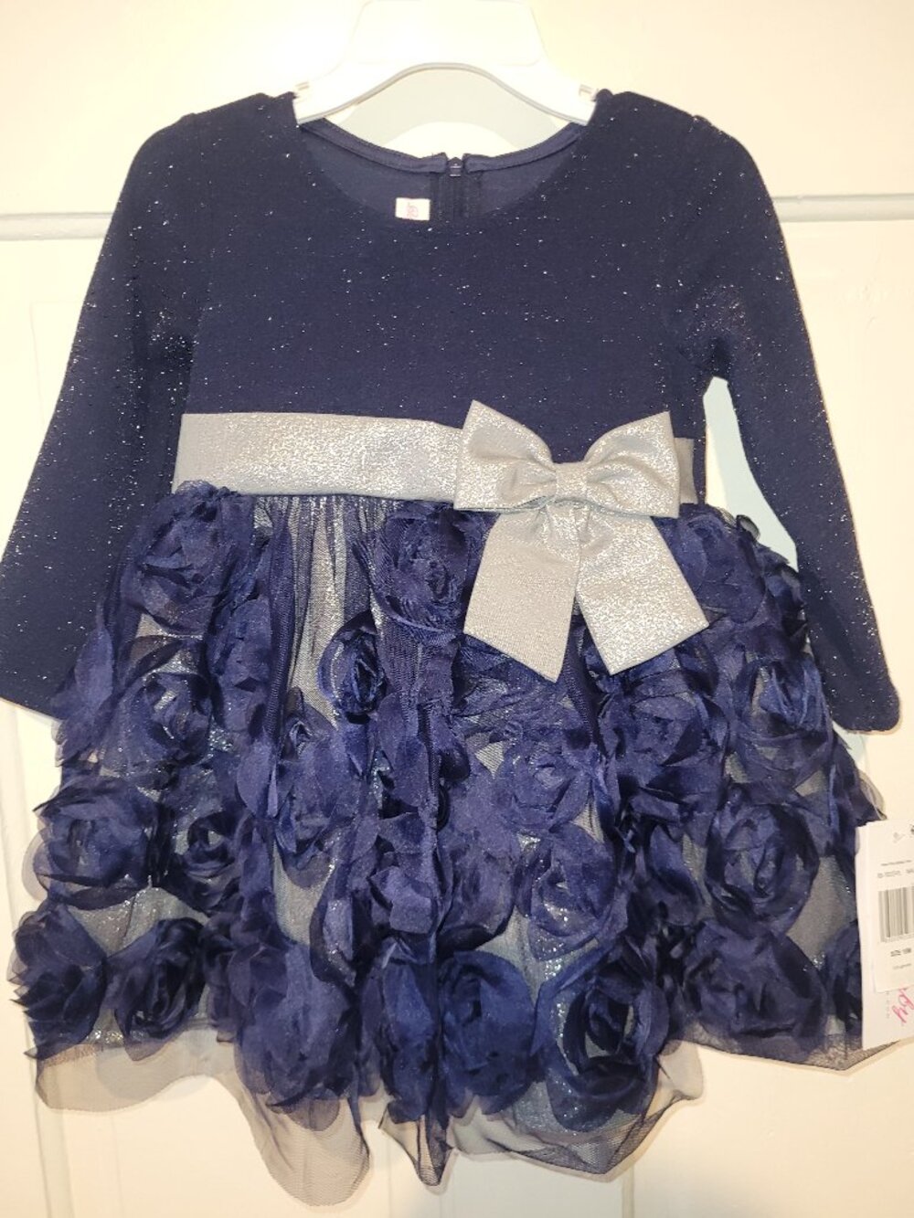 Bonnie Jean Navy Blue Sparkle Dress. Rosette dress Size 18M. Vestido azul marino